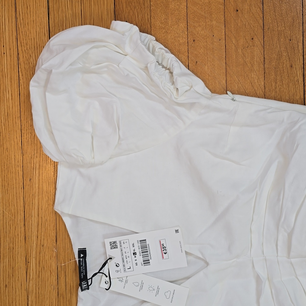 NWT, Zara, White Poplin Puff Sleeve Ruched Maxi Dress, Women's L - Picture 7 of 14